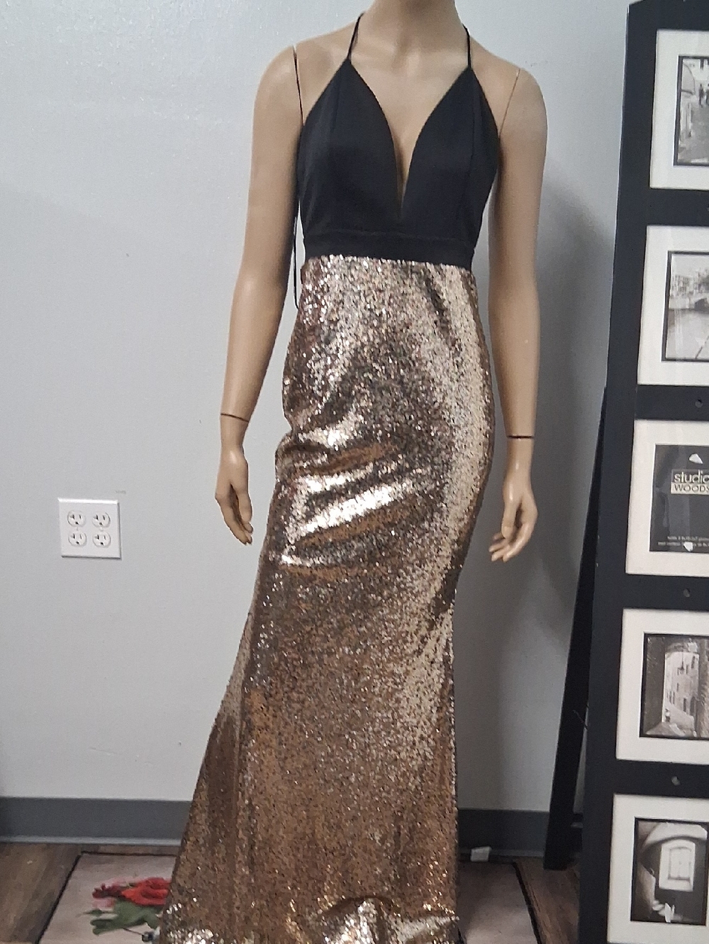 Symphony Black and Gold Sequin Prom Dress